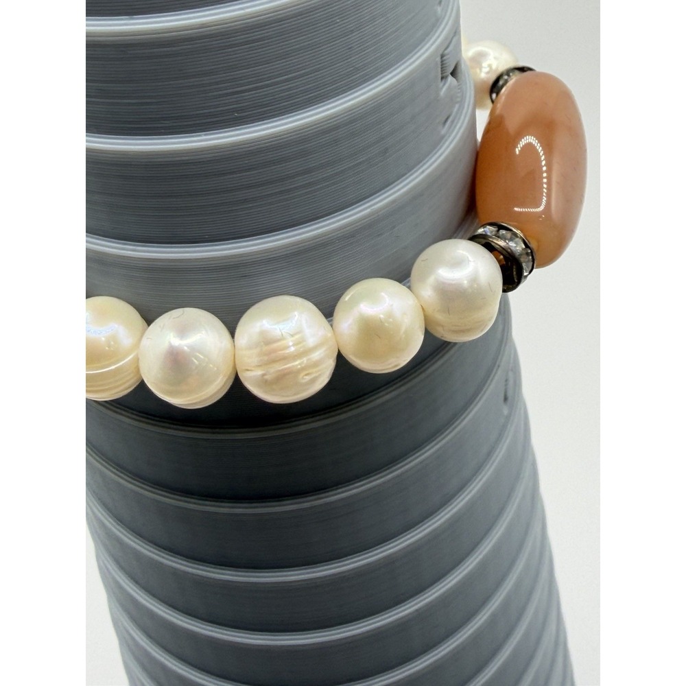 Genuine Pearl And Peach Quartz Stretch Bracelet with Rhinestone Spacer Beads - Picture 9 of 10